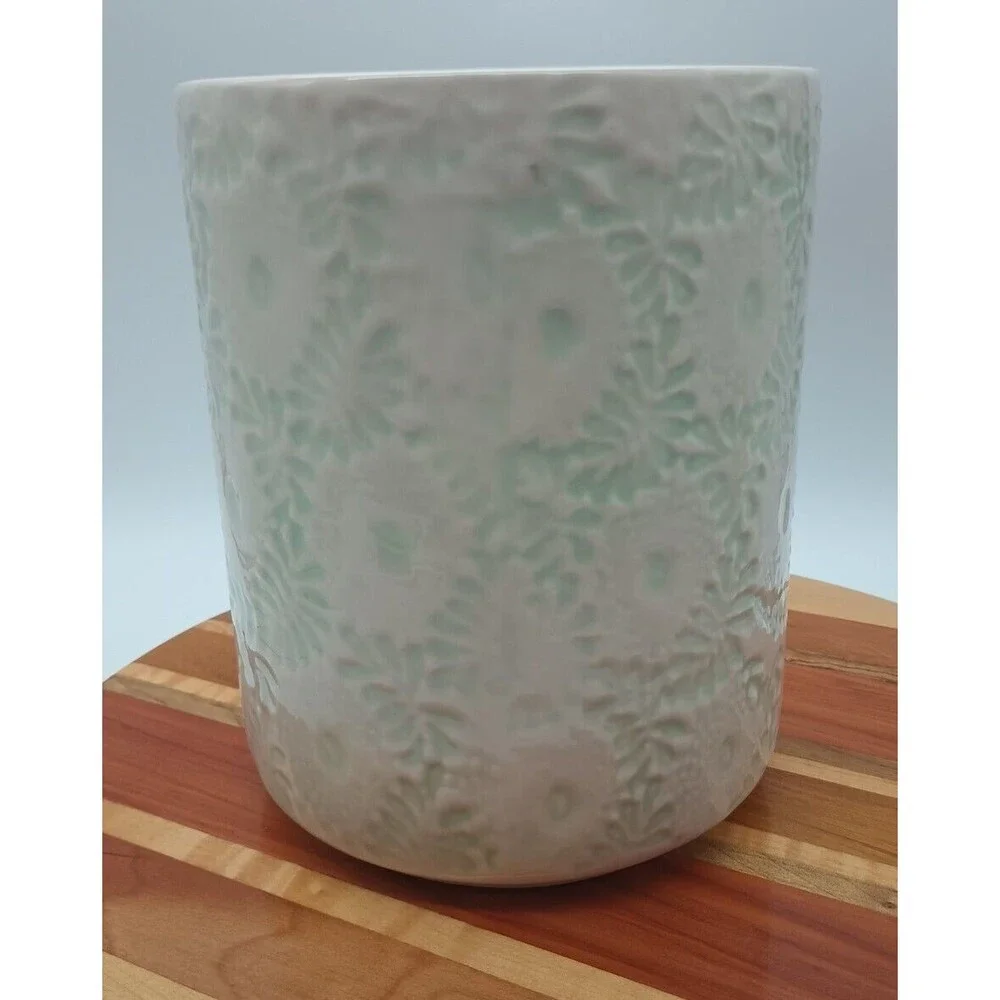 Sur La Table Utensil Crock Embossed Floral Green